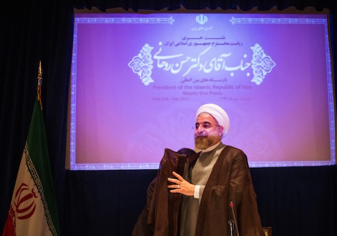 Iran's President Rouhani prepares to depart after the end of a press conference on the sidelines of the 69th United Nations General Assembly in New York