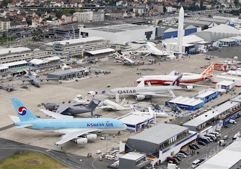 An aerial view of the Airbus A380 of Korean Airlines, at left, with other aircrafts on the first day of the 49th Paris Air Show at le Bourget airport, east of Paris, Monday June 20, 2011