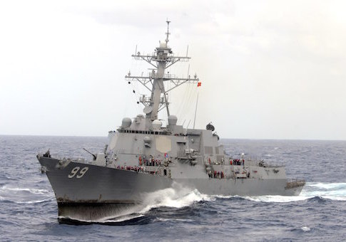 The guided-missile destroyer USS Farragut operating in heavy seas in the Atlantic Ocean