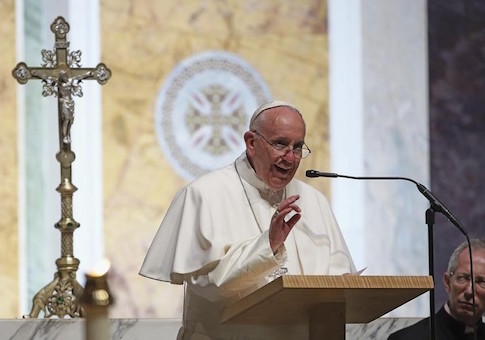 Pope Francis speaks to bishops during midday prayer service at St. Matthews in Washington