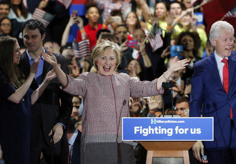 Hillary Clinton celebrates after winning the New York primary