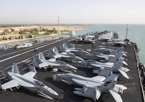 The US Navy aircraft carrier USS Harry S. Truman transits the Suez Canal, Egypt towards the Mediterranean Sea