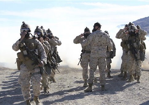Marines and sailors participate in an outdoor gas exercise in full protective gear.