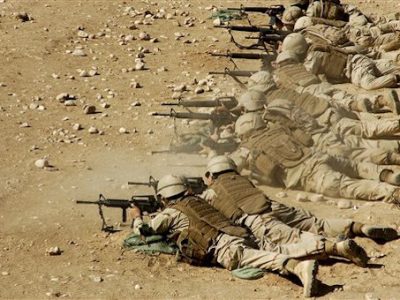 U.S. Navy Seabees fire M-4 and M-16A2 rifles during weapons qualification training near Camp Mike Spann, Afghanistan