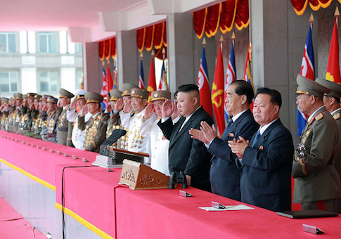 North Korean leader Kim Jong-Un attends a military parade in Pyongyang marking the 105th anniversary of the birth of late North Korean leader Kim Il-Sung