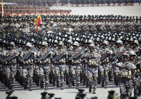 This April 15, 2017 picture released from North Korea's official Korean Central News Agency (KCNA) on April 16, 2017 shows Korean People's Army (KPA) soldiers marching through Kim Il-Sung square during a military parade