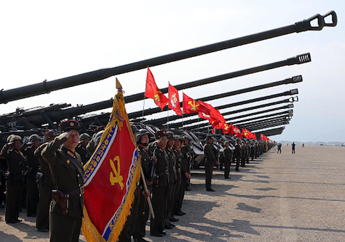 This undated picture released by North Korea's official Korean Central News Agency (KCNA) on April 26, 2017 shows the combined fire demonstration of the services of the Korean People's Army