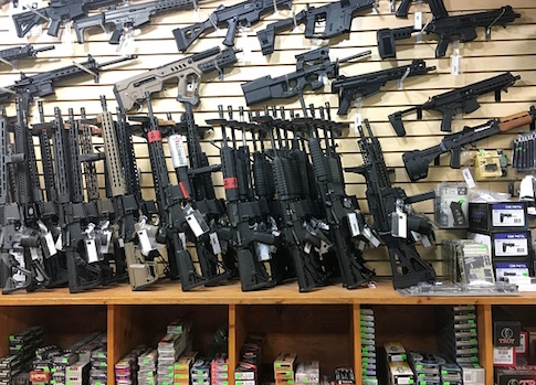 Semi-automatic rifles are seen for sale in a gun shop in Las Vegas, Nevada