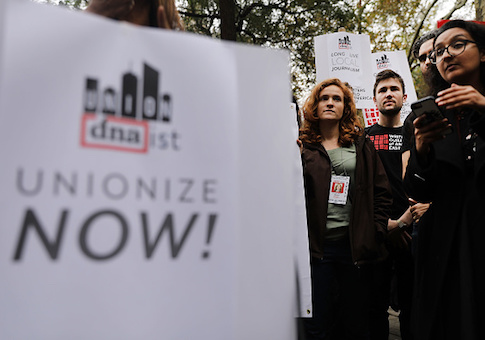 Writers, journalists, labor activists and DNAinfo and Gothamist employees attend an afternoon rally at City Hall Park hosted by the Writers Guild of America to support the journalists and other staff members who lost their jobs at the publications after they voted to form a union