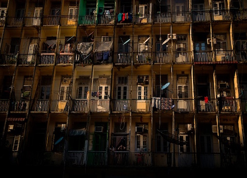 This photo taken on December 1, 2017 shows the facade of an old housing block in downtown Yangon