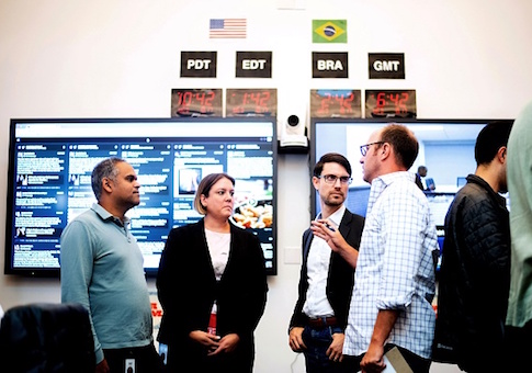 Communications worker Tom Reynolds, Global Politics and Government Outreach Director Katie Harbath, Head of Cybersecurity Policy Nathaniel Gleicher, and Director of Elections and Civic Engagement Samidh Chakrabartigather