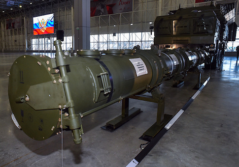 Russian Defense Ministry officials show off the Russia's 9M729 cruise missile at the military Patriot Park outside Moscow