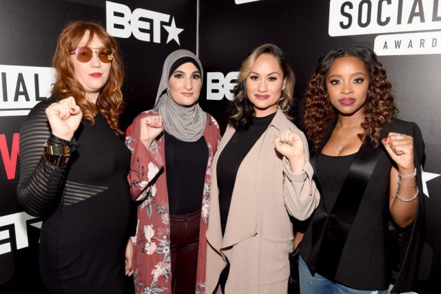 (L-R) Bob Bland, Linda Sarsour, Carmen Perez, and Tamika Mallory