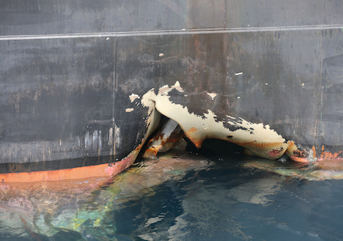 A damaged ANDREA VICTORY ship is seen off the Port of Fujairah, United Arab Emirates