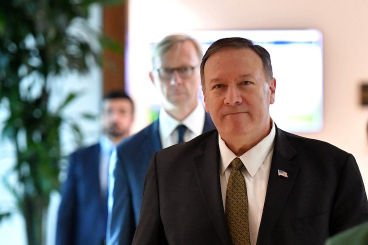 U.S. Secretary of State Mike Pompeo and U.S. special representative on Iran Brian Hook arrive at al-Bateen Air Base in Abu Dhabi, United Arab Emirates