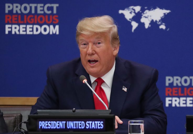 U.S. President Trump speaks during "Global Call to Protect Religious Freedom" event at the United Nations in New York