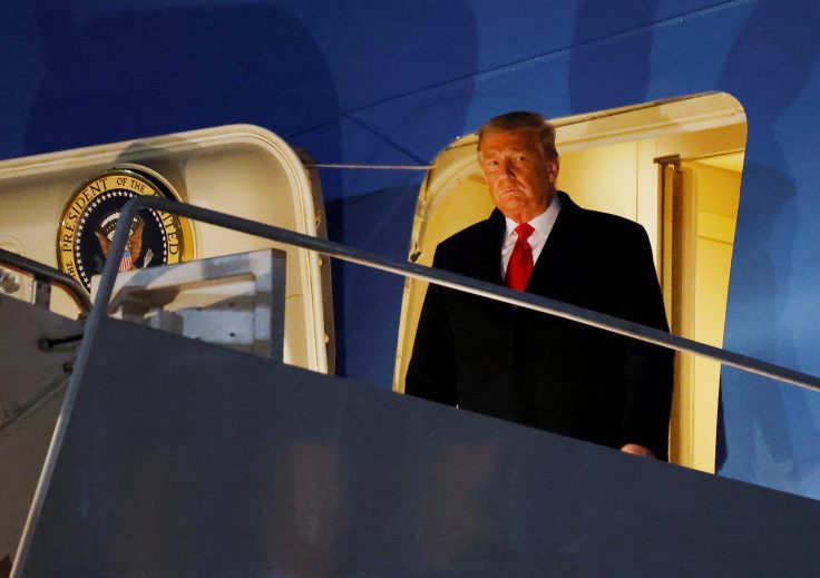 U.S. President Donald Trump disembarks from Air Force One at Joint Base Andrews in Maryland